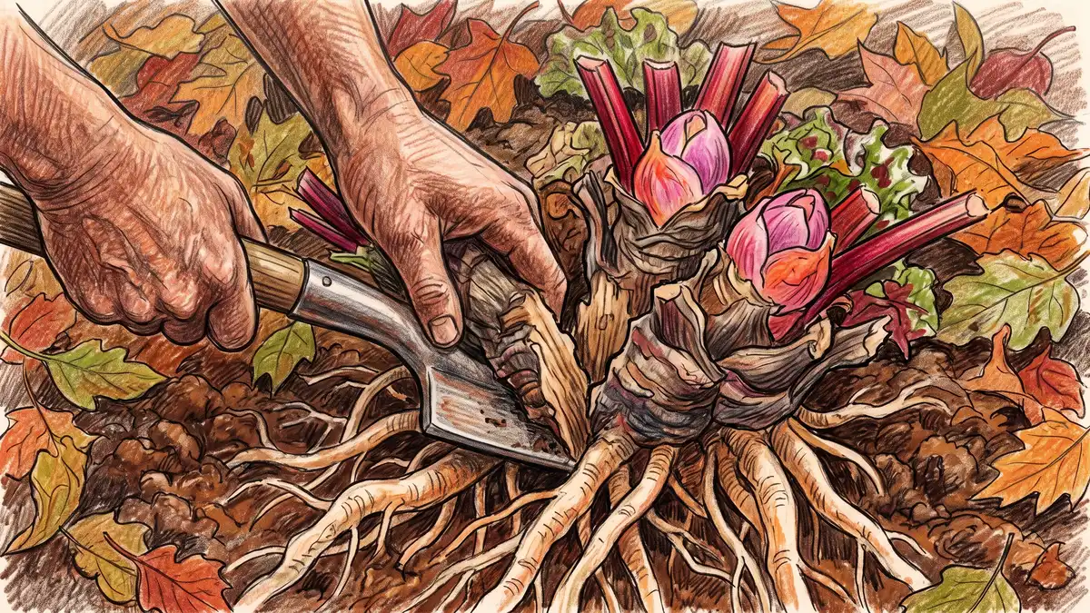 Hands splitting a woody rhubarb crown with a spade into divisions, each section carrying a visible pink growth bud and thick roots