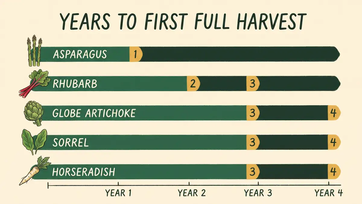 Timeline infographic showing years to first full harvest for asparagus, rhubarb, sorrel and horseradish perennial vegetables