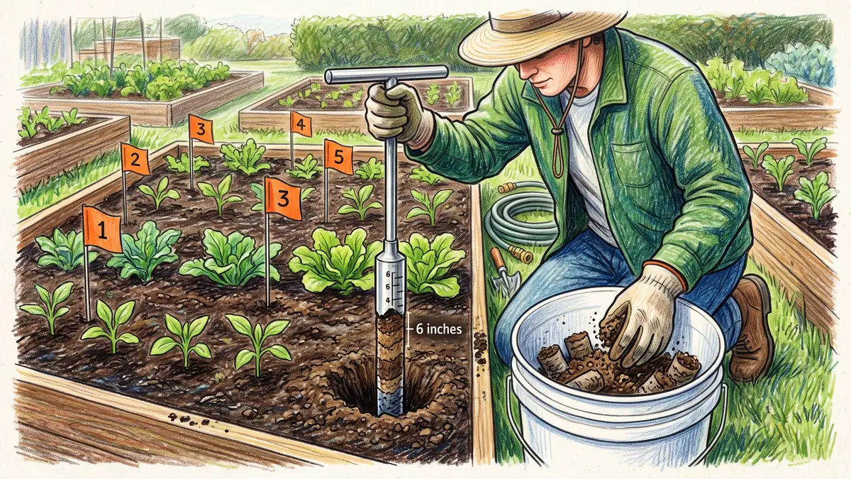 Gardener pulling a soil core to six inches with a probe and combining several cores in a bucket to make one composite soil test sample