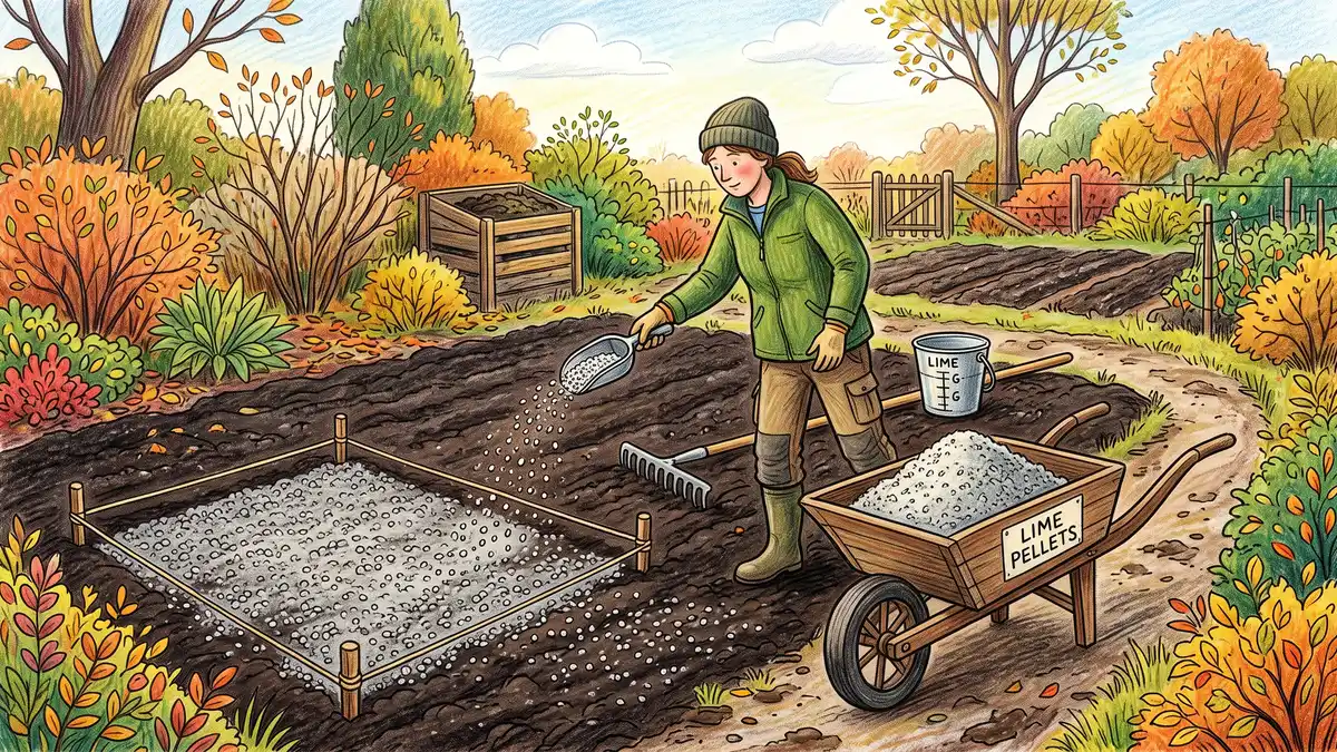 Gardener broadcasting pale pelleted garden lime evenly across dark prepared soil from a scoop, with a wheelbarrow and rake nearby