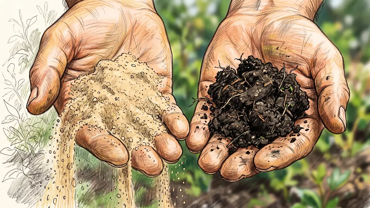 Two contrasting soil samples held side by side, pale loose sandy soil on the left and dark crumbly soil holding its shape on the right