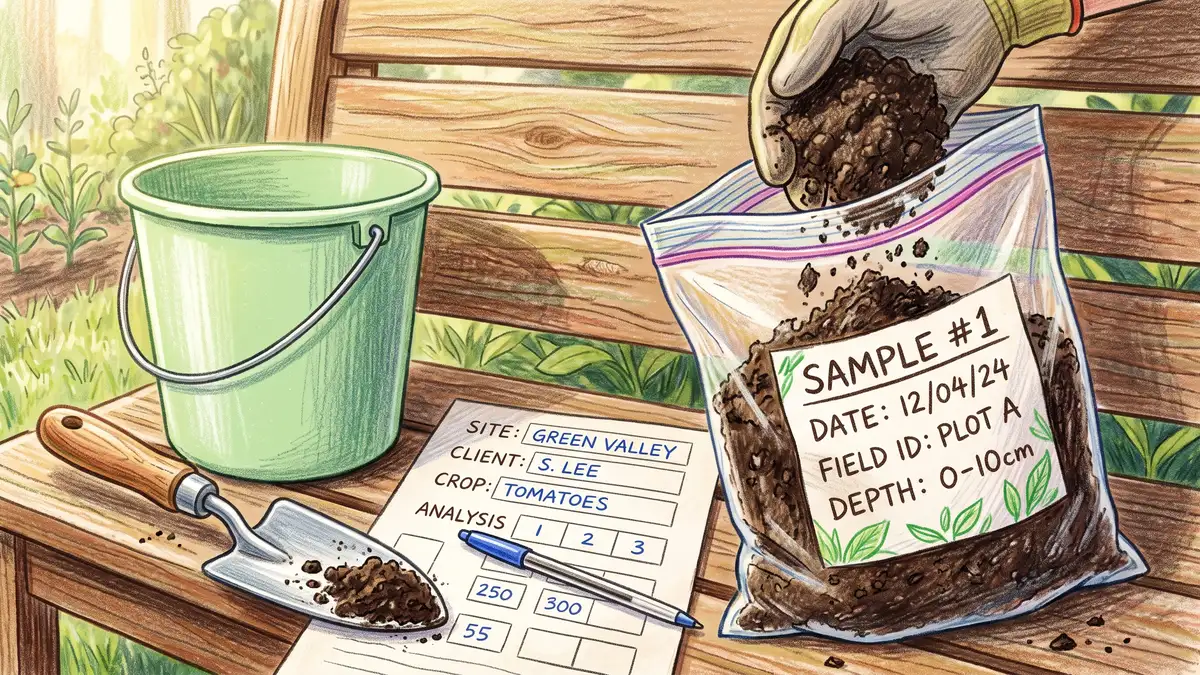 Labelled soil sample bag being filled with dark crumbly soil beside a completed laboratory submission form and a trowel