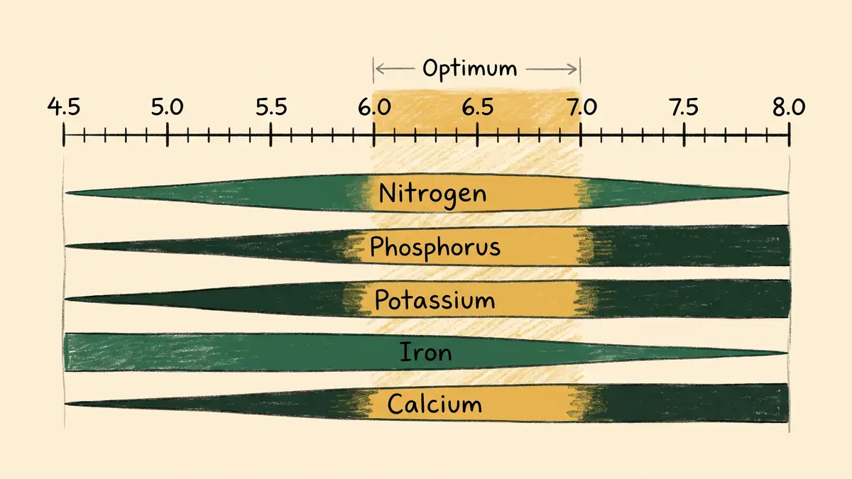 Infographic showing a soil pH scale from 4.5 to 8.0 with bands indicating how nitrogen, phosphorus, potassium, iron and calcium availability changes across the range