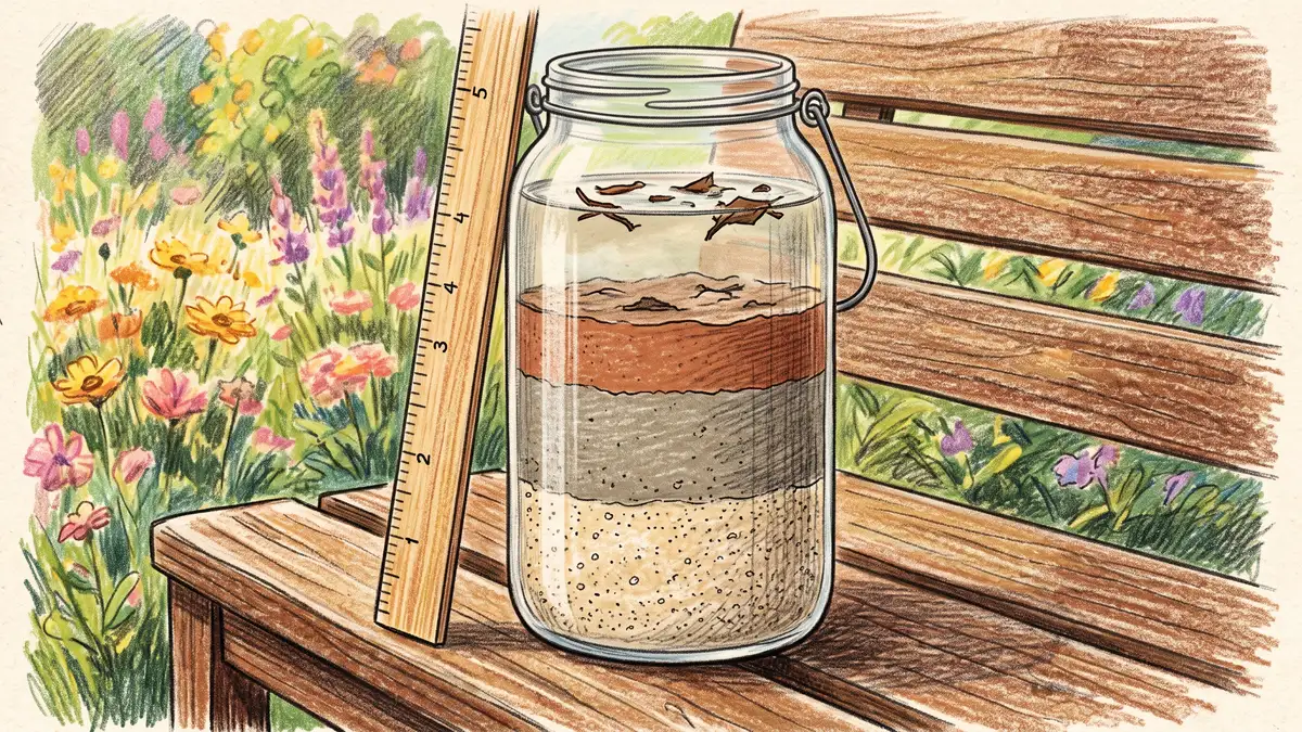 Clear glass jar showing settled soil separated into distinct sand, silt and clay bands with a ruler measuring the layer depths for a soil texture jar test