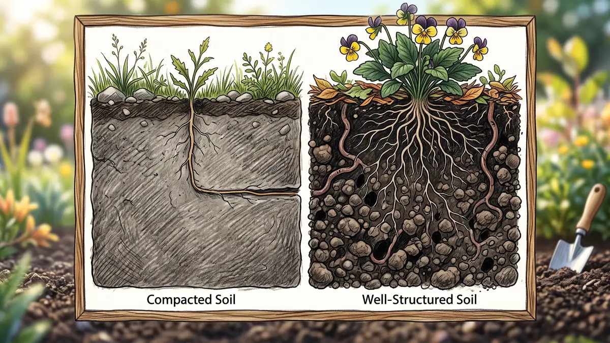 Cross-section comparison of compacted structureless soil with a stunted sideways root against well-structured soil with crumbly aggregates and deep roots