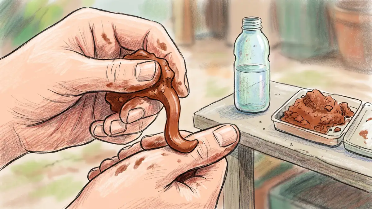 Hands performing the ribbon test by squeezing moist clay-rich soil between thumb and forefinger so it extrudes as a curling ribbon