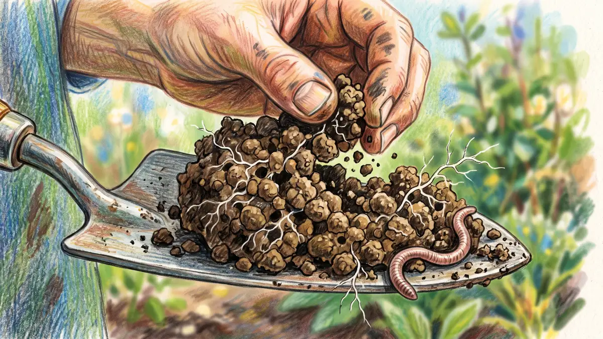Spadeful of dark well-aggregated garden soil breaking apart into rounded crumbly granular peds with pore spaces, fungal threads and fine roots