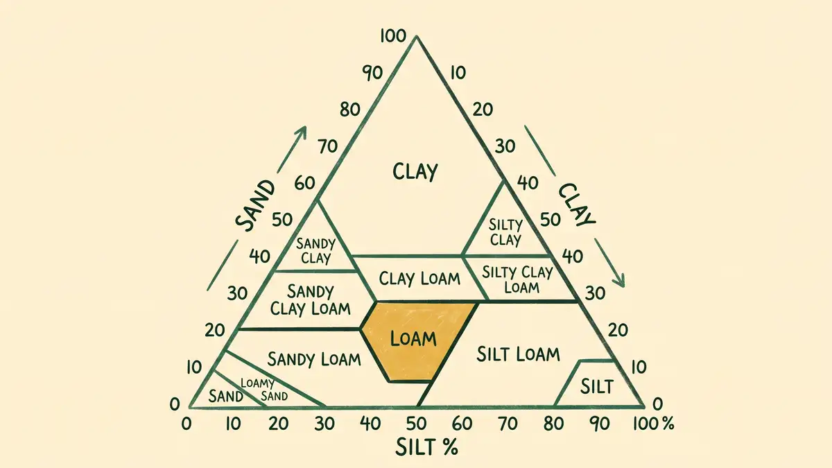 USDA soil texture triangle infographic showing sand, silt and clay percentage axes with labelled regions for sandy loam, loam, silt loam, clay loam and clay