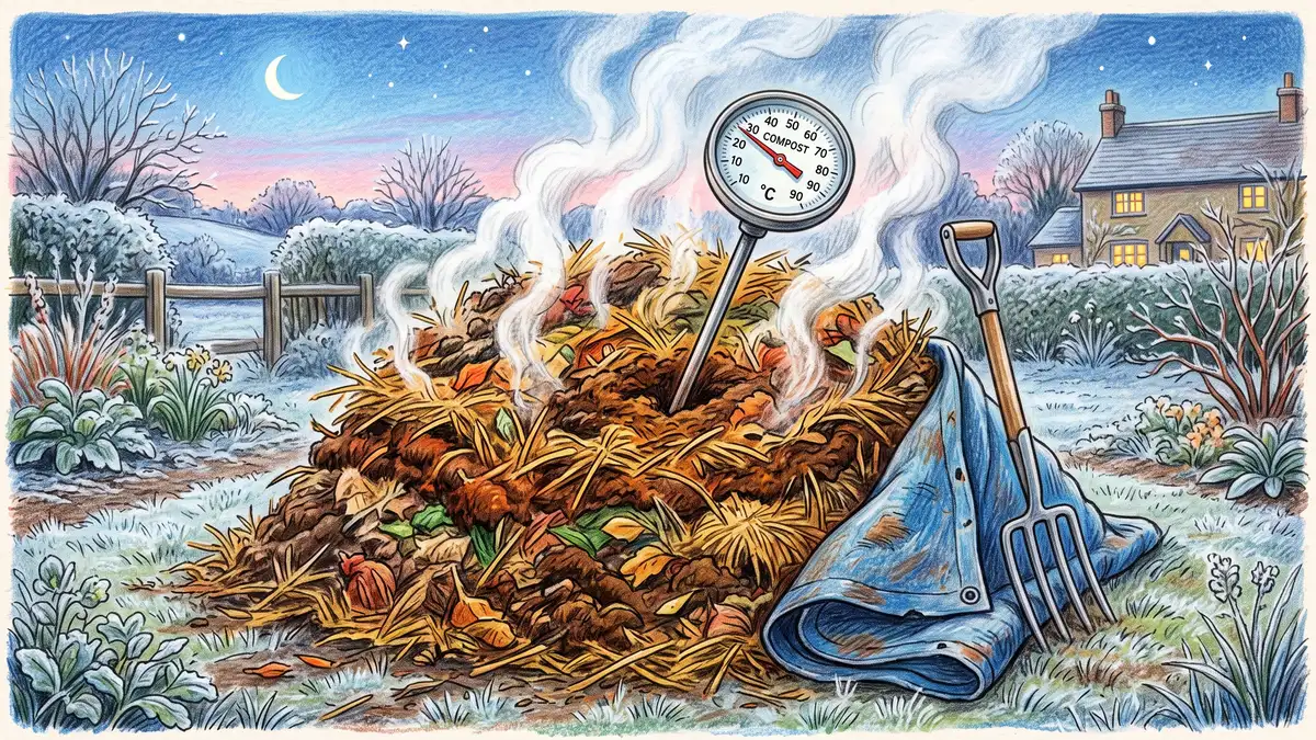 Steaming compost heap on a frosty morning with a dial compost thermometer pushed into the centre, fork and folded tarp alongside