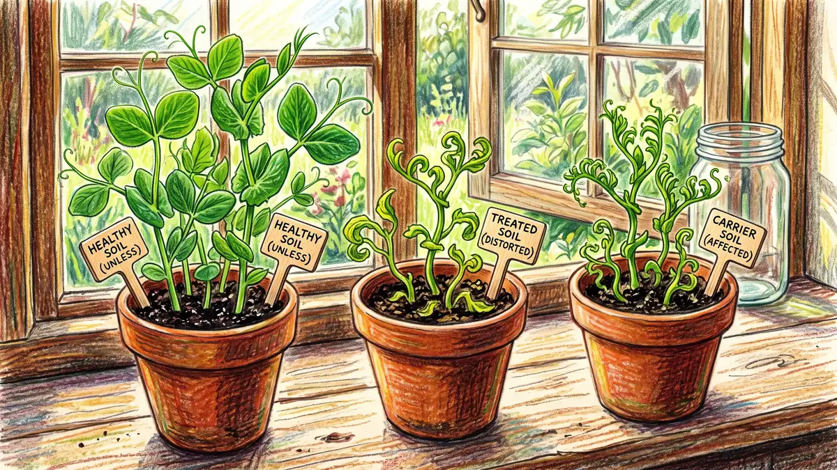 Herbicide carryover bioassay with three pots of pea seedlings, healthy plants in the control pot and cupped twisted distorted leaves in the test pots