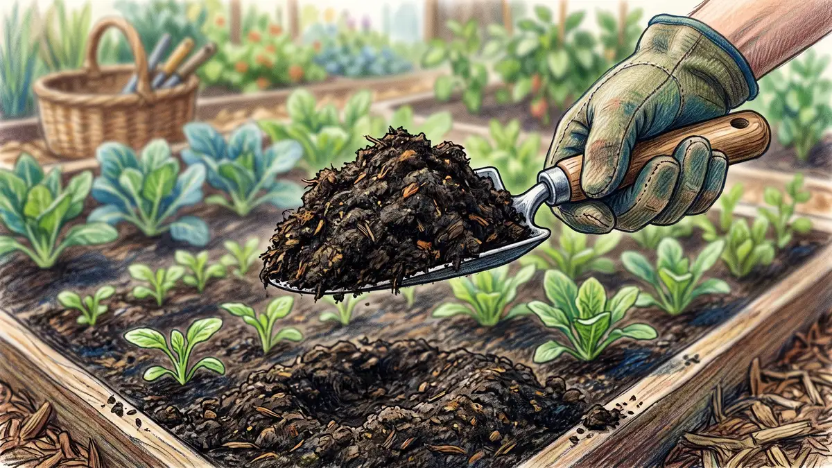 Gloved hand holding a scoop of fine crumbly well-rotted dark cow manure over a prepared vegetable bed