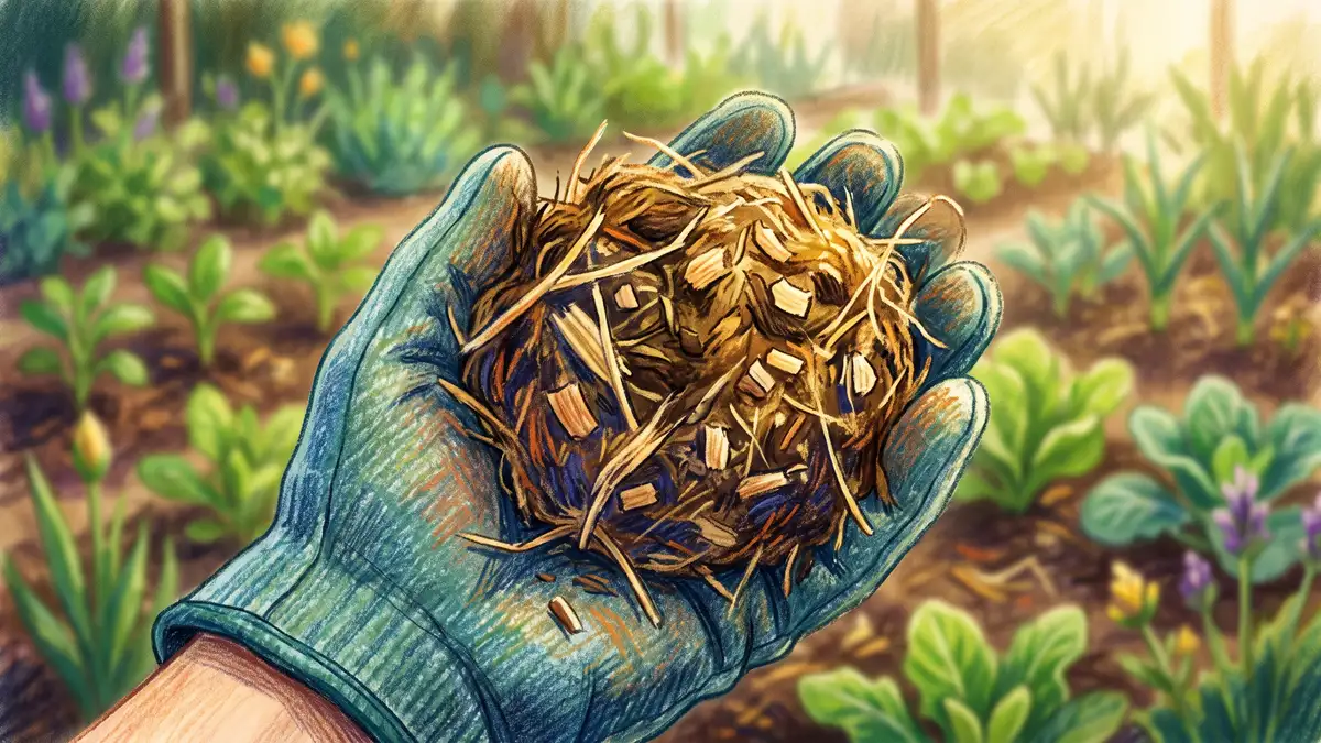 Gloved hand holding a scoop of coarse fibrous horse manure with pale straw and wood shaving bedding mixed through it