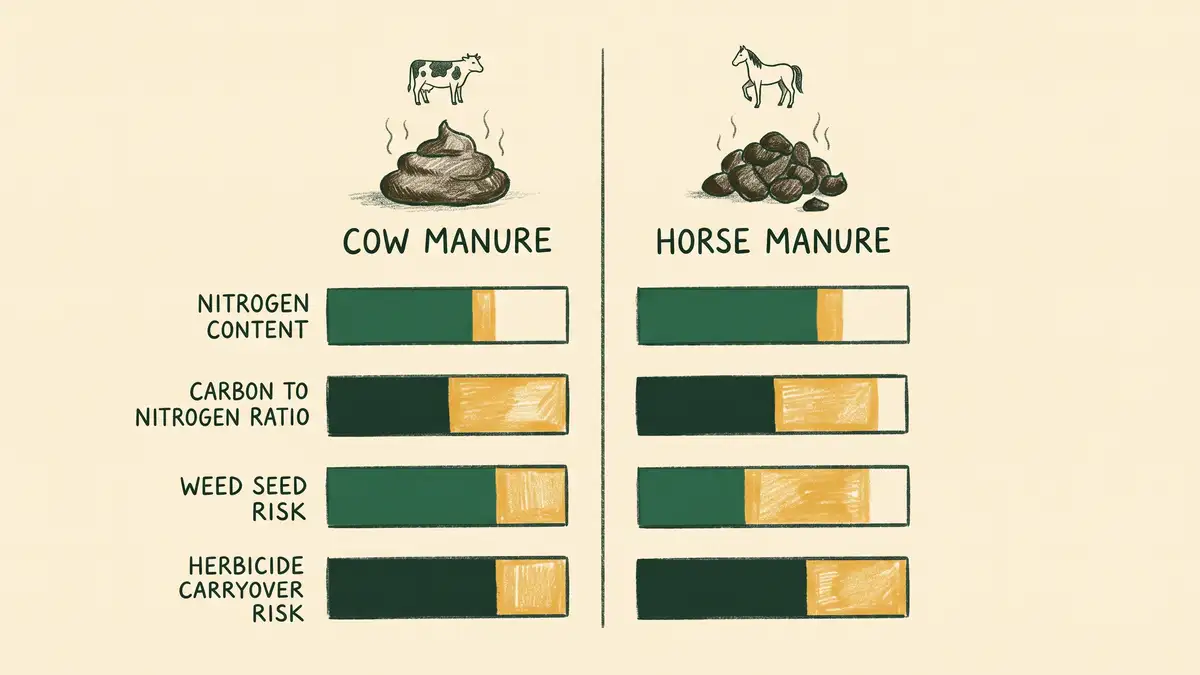 Infographic comparing cow manure and horse manure on nitrogen content, carbon to nitrogen ratio, weed seed risk and herbicide carryover risk
