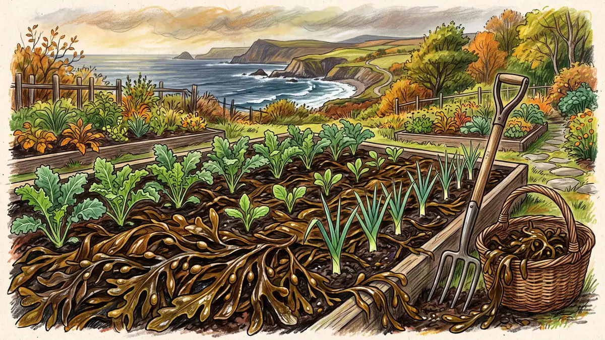 Thick layer of fresh brown seaweed spread as mulch across a vegetable bed with young kale and leek seedlings pushing through
