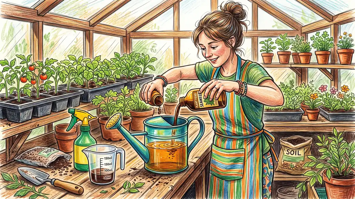 Gardener measuring liquid seaweed concentrate into a watering can on a potting bench beside a sprayer and trays of young seedlings