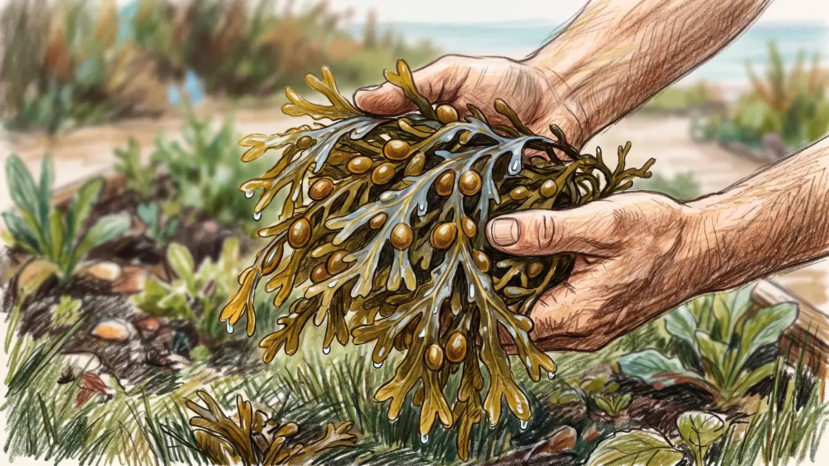 Hands holding a clump of fresh brown rockweed with round air bladders and branching fronds, wet and glistening with seawater