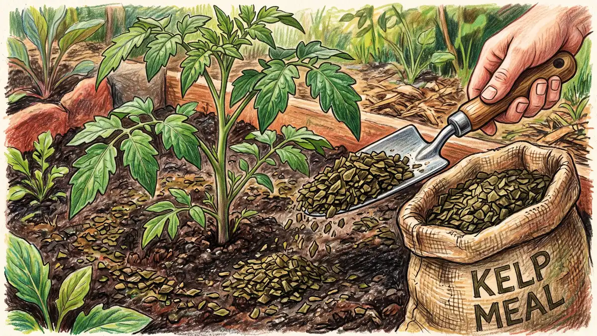 Coarse dried kelp meal granules being scooped from a sack with a trowel and scattered on dark soil at the base of a young tomato plant