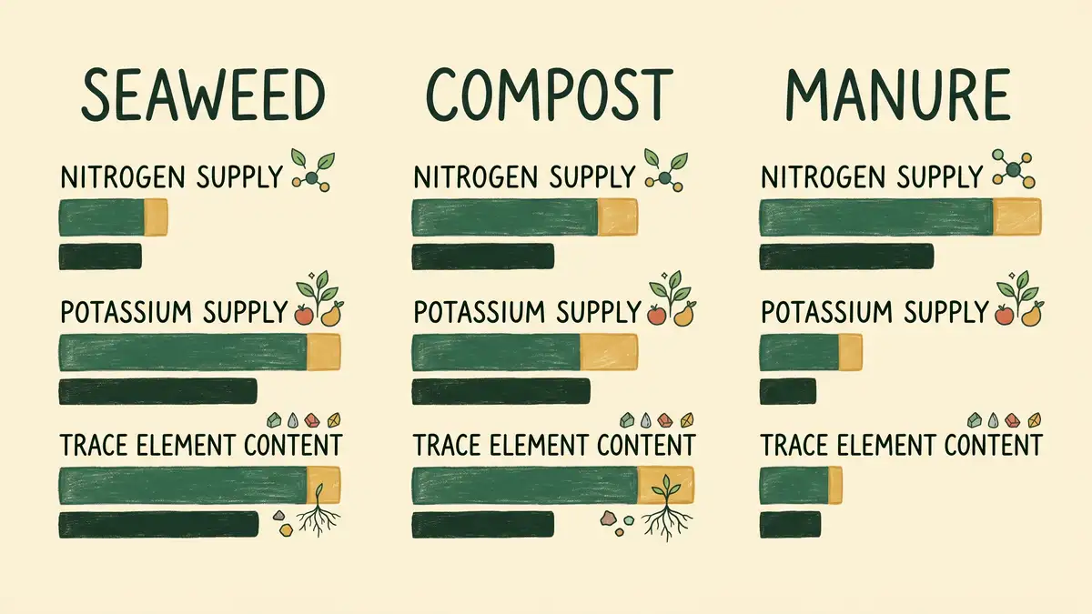 Infographic comparing seaweed, compost and manure on nitrogen supply, potassium supply and trace element content for garden use