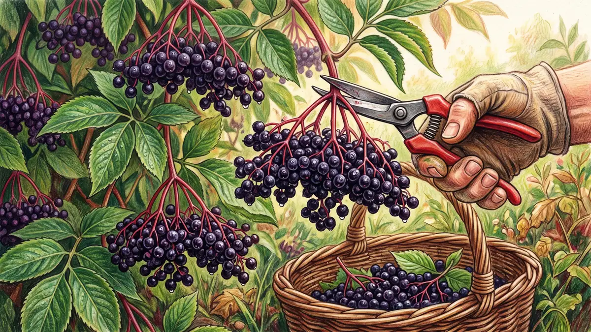 Ripe purple-black elderberry clusters being cut with snips into a woven basket during late summer harvest in a food forest