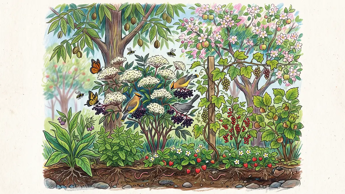Cross-section illustration of a temperate food forest showing elderberry in the shrub layer beneath canopy trees with birds feeding on ripe berries