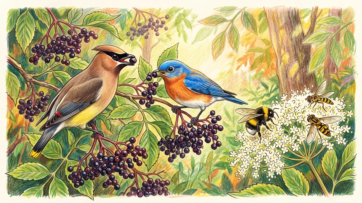 Cedar waxwing and eastern bluebird feeding on ripe elderberries with a bumblebee visiting a white elderberry flower umbel