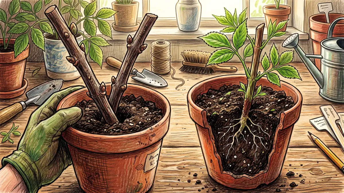 Elderberry hardwood cutting with three visible nodes being pushed into potting mix beside a rooted cutting showing new green shoots