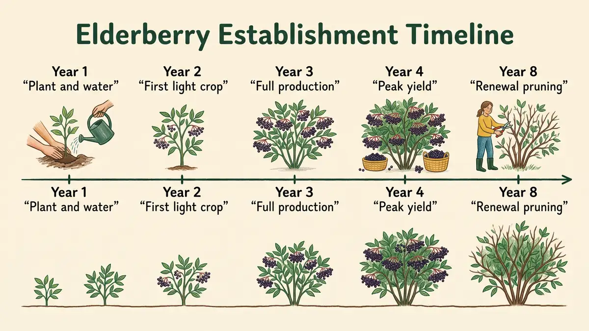 Hand-drawn timeline infographic showing elderberry establishment from planting in year one through peak yield in year four and renewal pruning in year eight