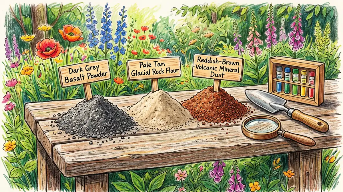 Three piles of rock dust for gardens on a wooden bench, basalt powder, glacial rock flour and volcanic mineral dust, beside a soil test kit