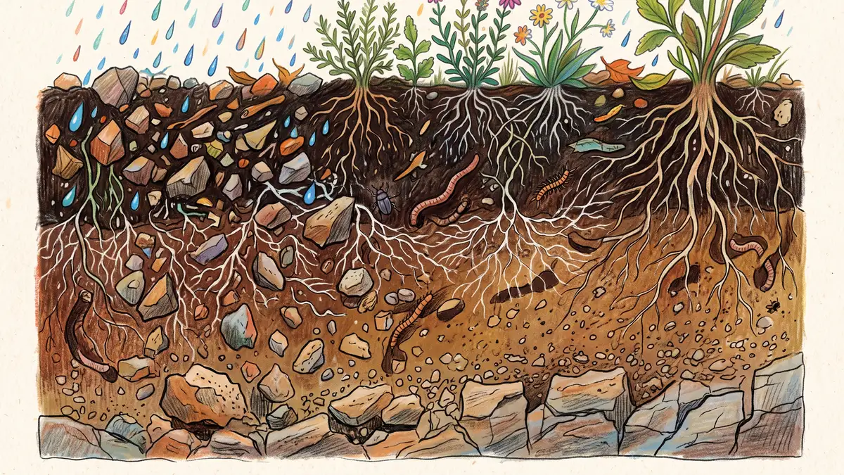 Cutaway illustration of a garden soil profile showing rock fragments weathering into finer particles among roots, fungal threads and earthworms
