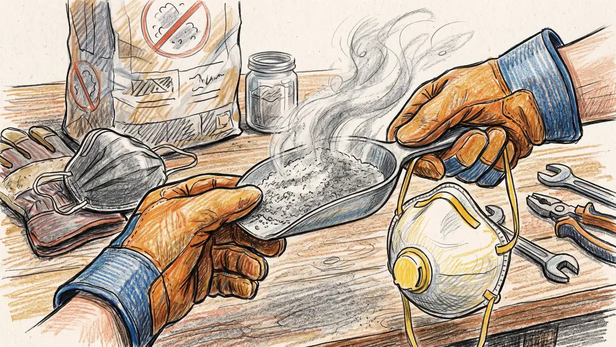 Gloved hand holding a dust mask and a scoop of fine grey rock powder with visible airborne dust beside an open bag on a workbench