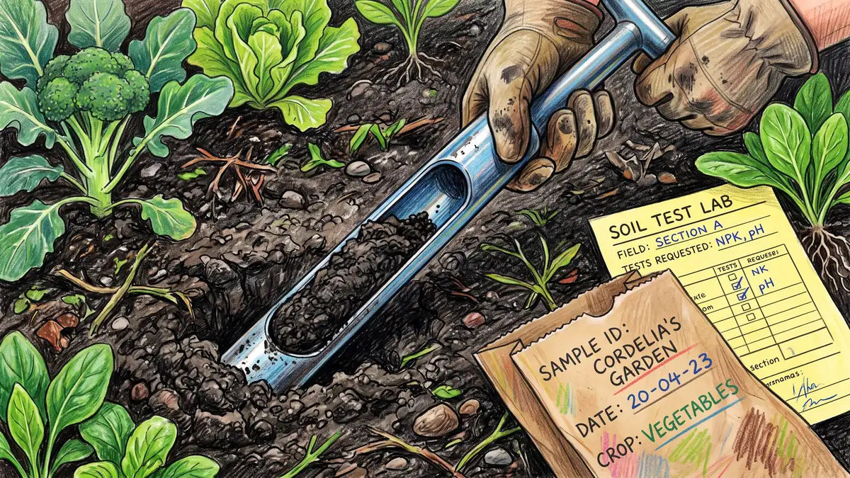 Soil probe pulling a core sample of dark crumbly garden soil next to a paper sample bag and completed soil laboratory form