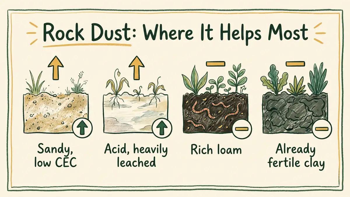 Infographic comparing where rock dust for gardens helps most, showing strong response in sandy low CEC and acidic leached soils and flat response in fertile loam