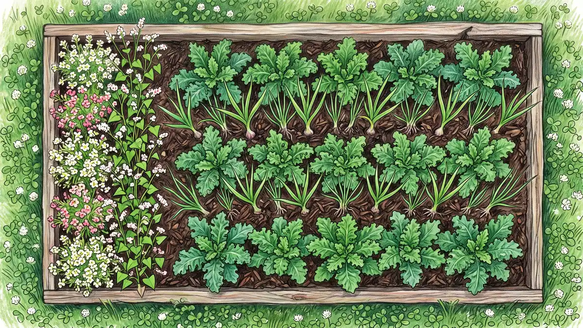 Overhead view of a kale bed layout with rows of curly kale interplanted with garlic and onions, alyssum and buckwheat borders and clover walkways