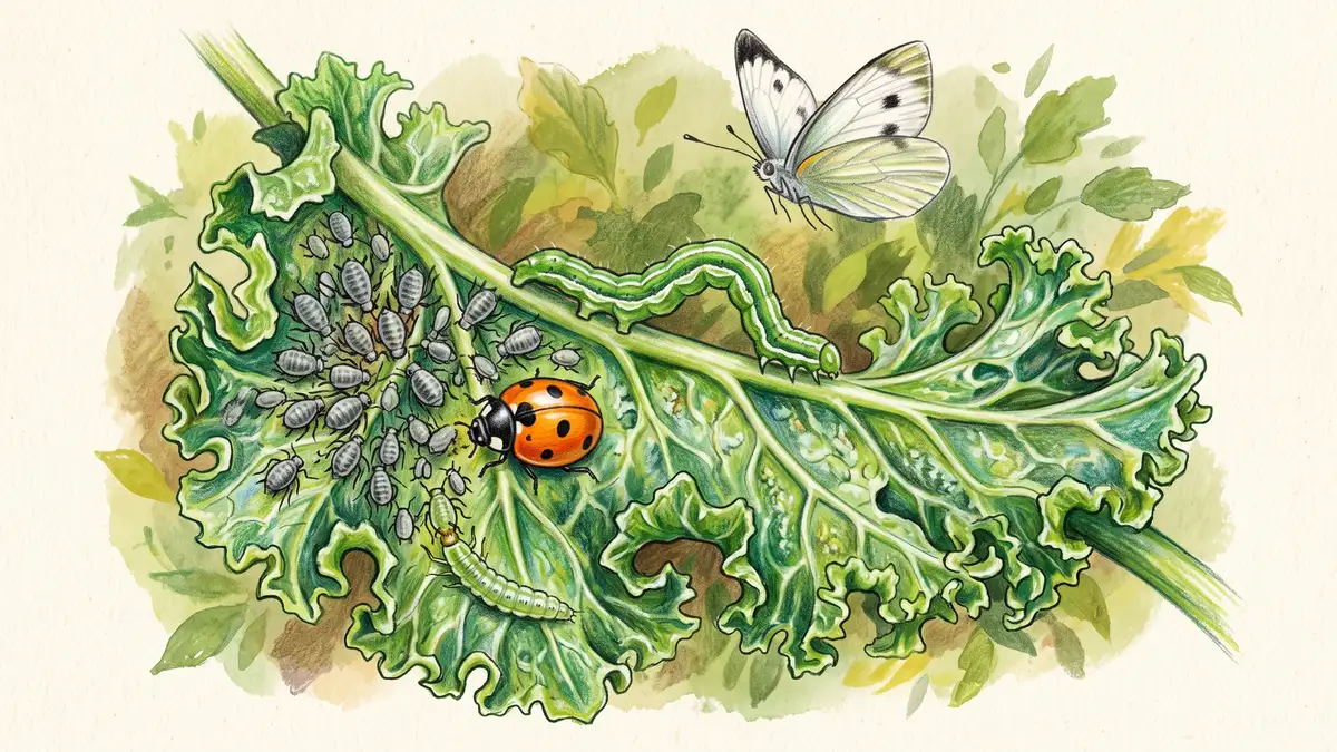 Illustration of kale pests and predators on a curly kale leaf including cabbage aphids, cabbage looper, cabbage white butterfly, hoverfly larva and ladybug