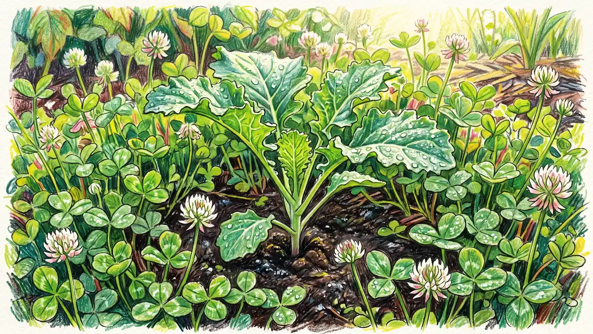Young kale seedling growing through a living mulch of low white clover with dark soil visible between the plants