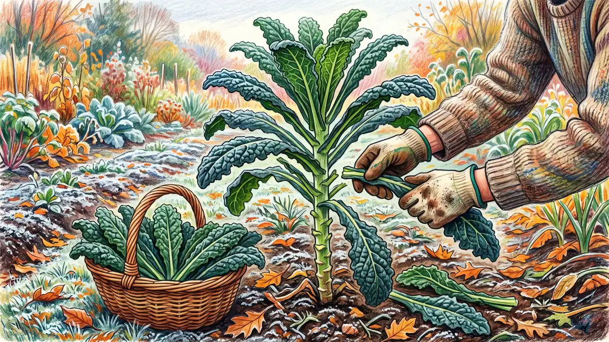 Hands harvesting kale by snapping lower outer leaves from a Lacinato plant with a full basket of dark green leaves beside it
