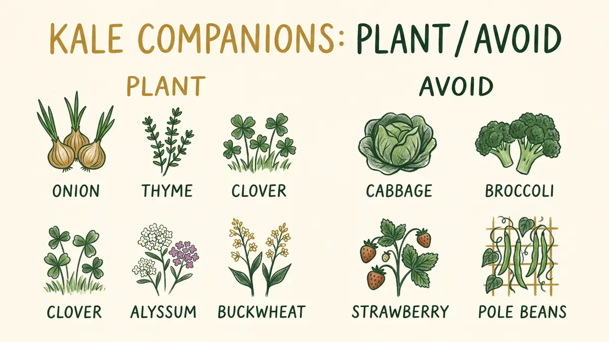 Infographic showing kale companion plants to grow including onion, thyme, clover, alyssum and buckwheat, and which crops to avoid near kale