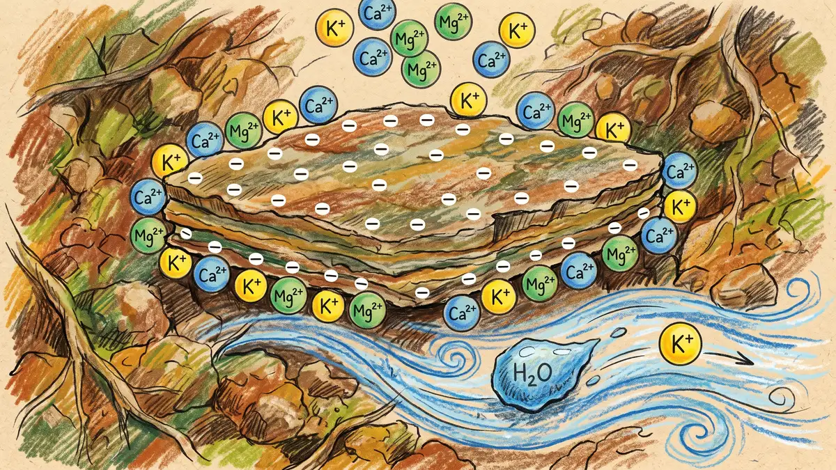 Illustration of a negatively charged clay particle holding calcium, magnesium and potassium ions while a loose ion washes past in water