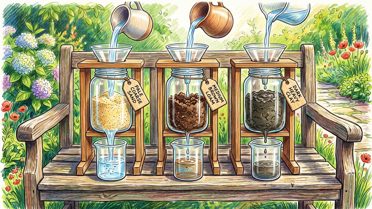 Three jars of sand, loam and clay with water pouring through, draining fast through sand and slowly through clay to show leaching differences