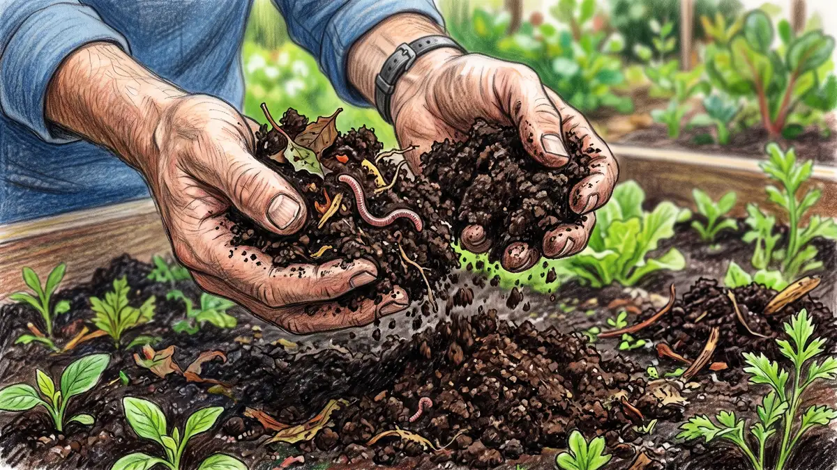 Hands crumbling dark finished compost with visible fine crumb structure and an earthworm above a garden bed