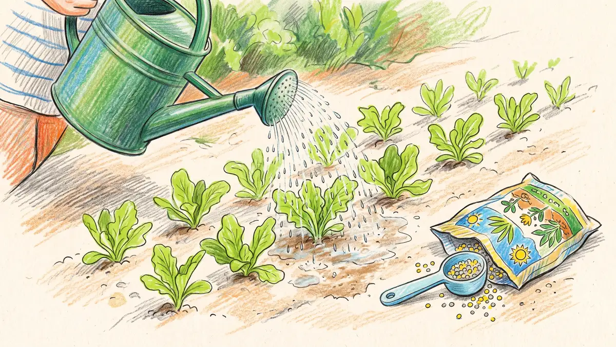 Watering can with a fine rose watering lettuce seedlings in pale sandy soil beside a bag of granular fertilizer and measuring scoop