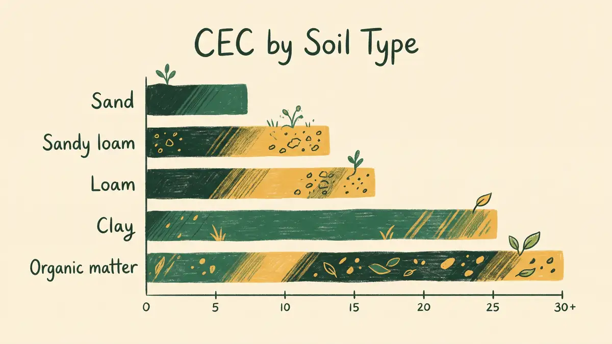 Bar chart infographic showing cation exchange capacity by soil type from sand through sandy loam, loam and clay to organic matter