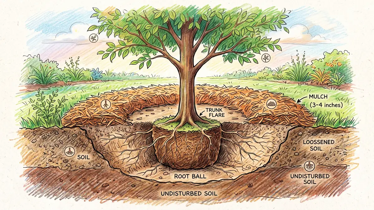 Cross-section illustration of correct tree planting with a wide saucer hole, root flare above grade and mulch ring kept clear of the trunk