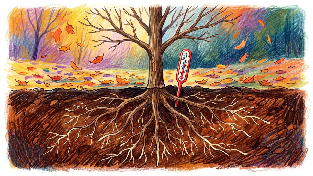 Below-ground view of a young tree in late autumn with bare branches above and white new root tips actively growing through warm dark soil