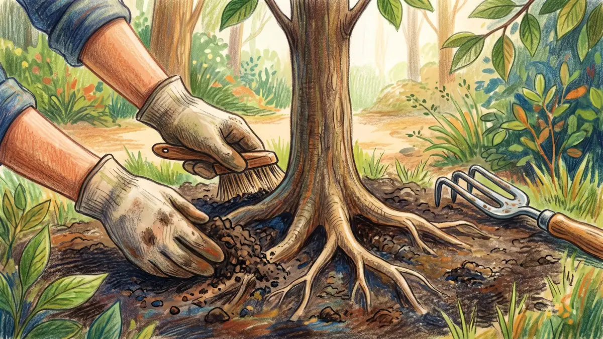 Hands brushing soil away from a young tree trunk to expose the flared root collar where the trunk widens into structural roots