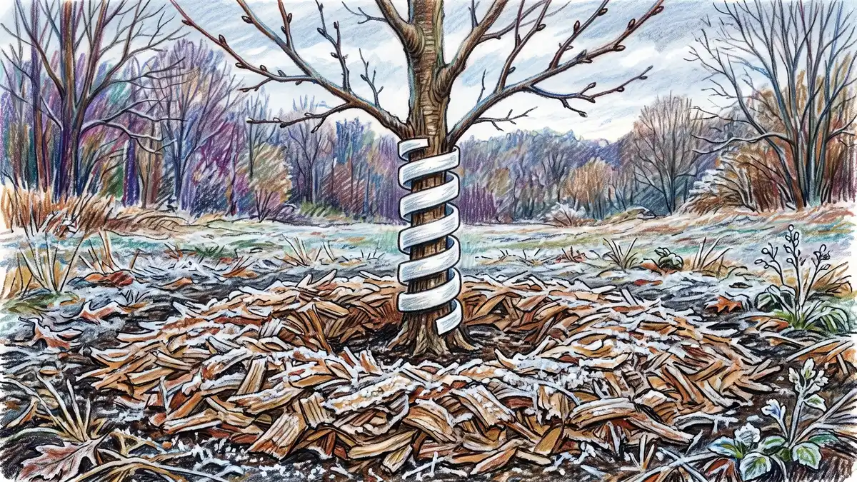 Young tree trunk fitted with a white spiral rodent guard surrounded by a wide ring of wood chip mulch kept clear of the trunk base