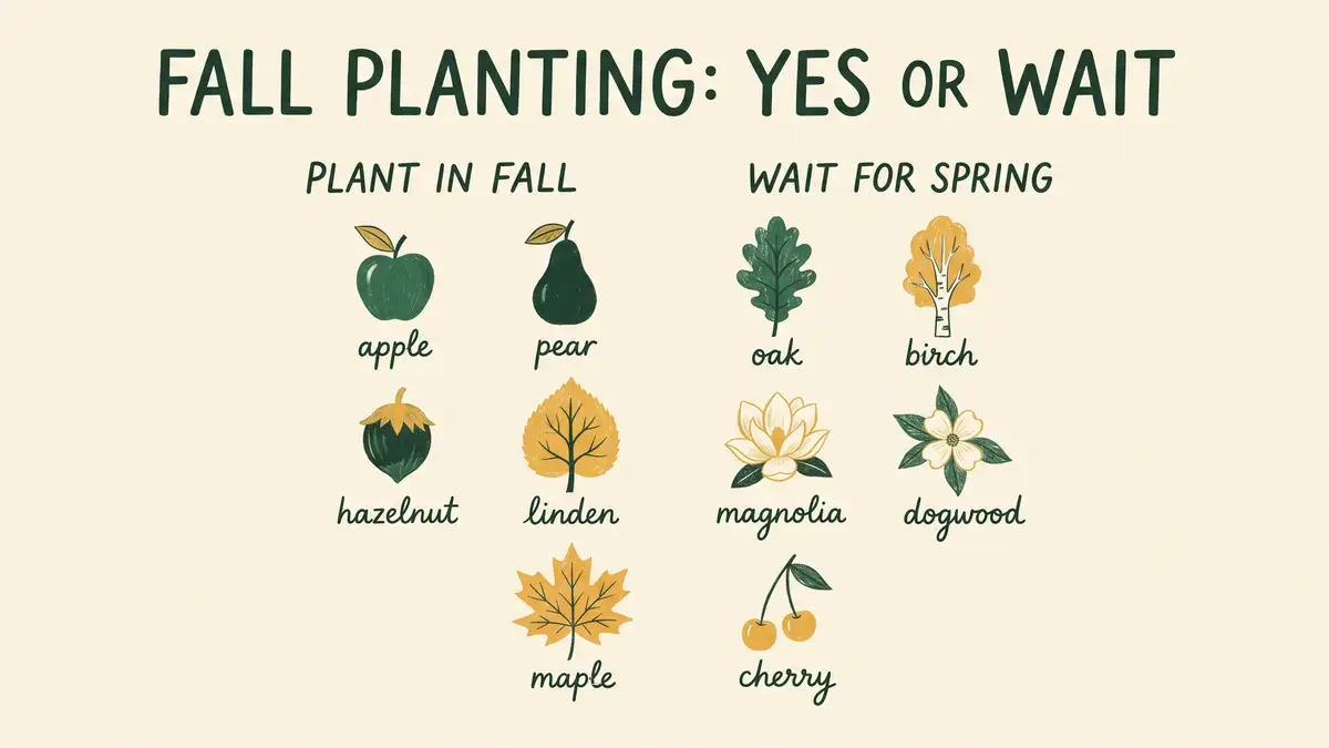 Infographic showing which trees to plant in fall including apple, pear and hazelnut, and which to wait for spring including oak, birch and dogwood