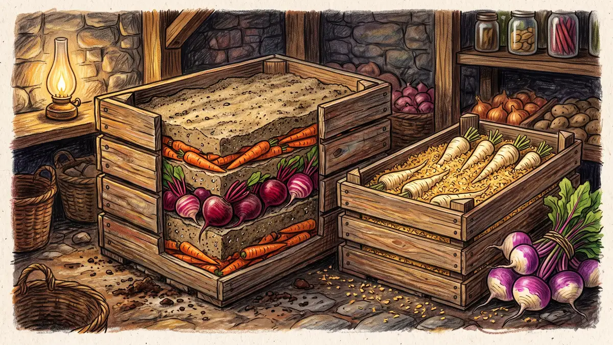 Wooden crate packed with layers of carrots and beets bedded in damp sand shown cut away, beside a crate of parsnips in sawdust