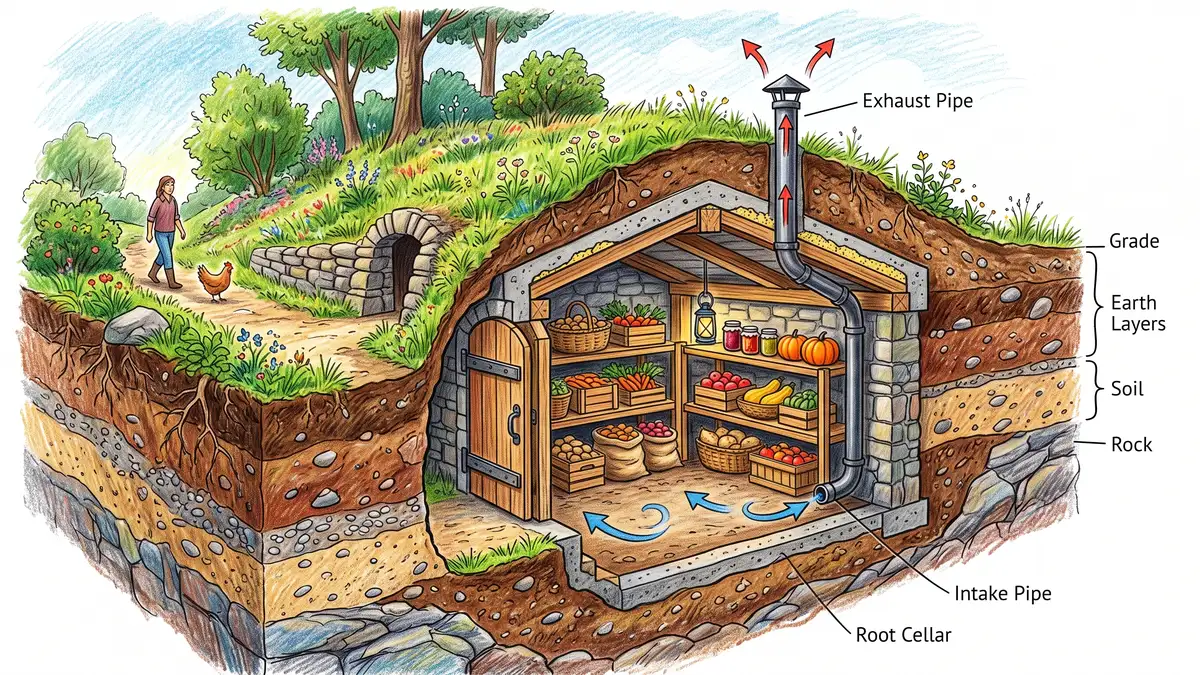 Cutaway illustration of a root cellar built into a slope showing low intake and high exhaust ventilation pipes, insulated door and shelves of stored produce