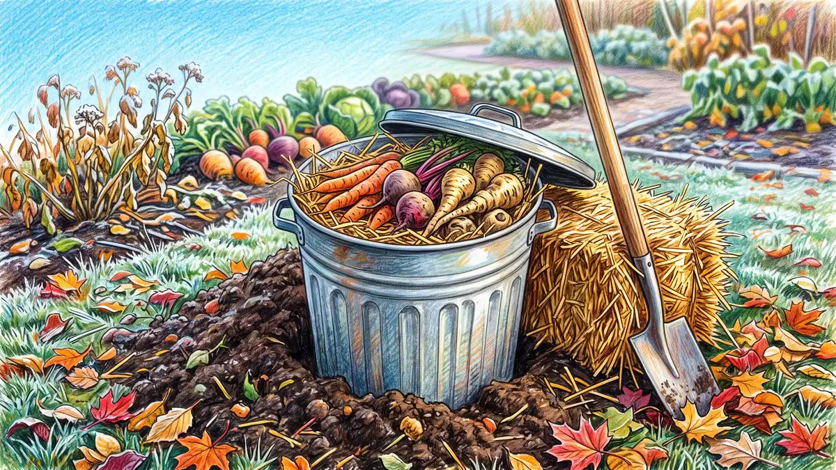 Metal garbage can buried upright to its rim in garden soil packed with straw and root vegetables beside a straw bale and shovel